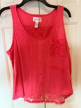 Just Be Bright Pink Lace Back Button Tank Sleeveless